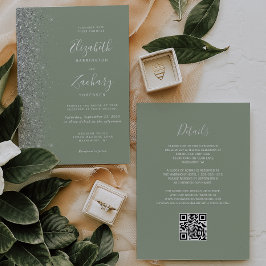 Convite Casamento Moderno com Código QR em Verde Sage e Br