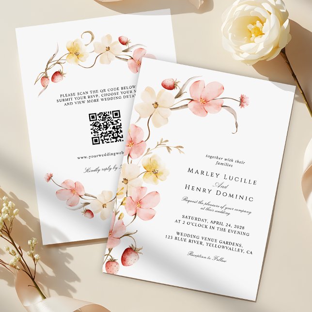 Convite Casamento Moderno com Código QR Floral Blush Compl (Criador carregado)