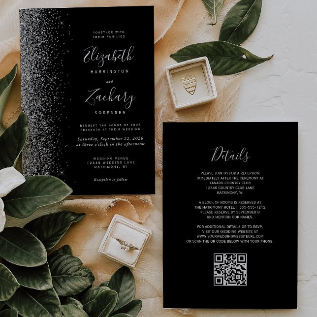 Convite Casamento Moderno com Código QR Preto e Brilho Pra (Criador carregado)