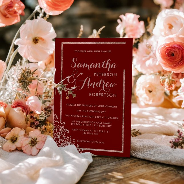 Convite Casamento moderno com confete vermelho e moldura e (Modern rose gold frame red confetti wedding invitation)