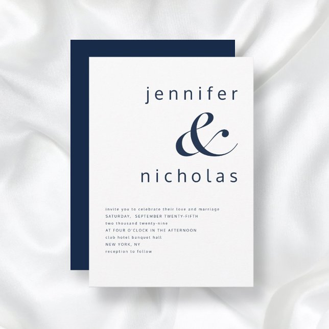 Convite Casamento Moderno com E comercial Azul Marinho (Front/Back Navy Blue Simple Minimalist Typography Wedding Invitation)
