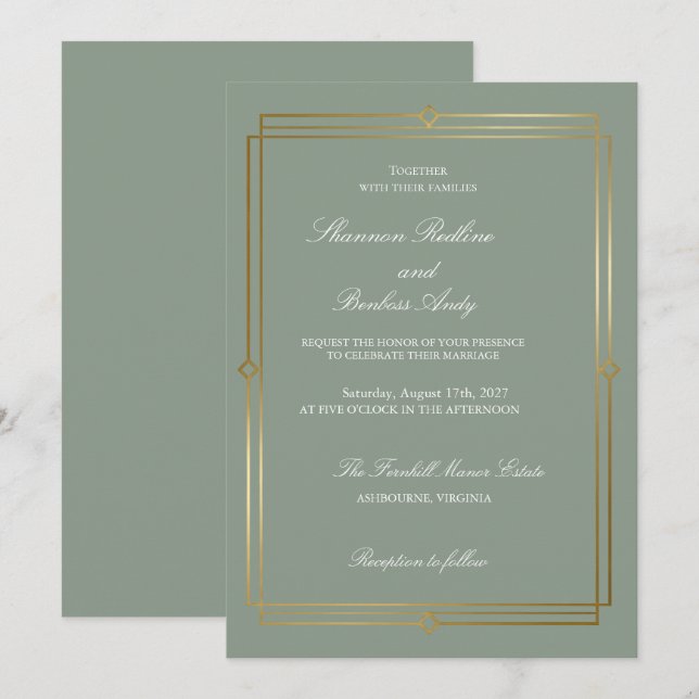 Convite Casamento Moderno com Elegância em Verde Sage e Do (Frente/Verso)