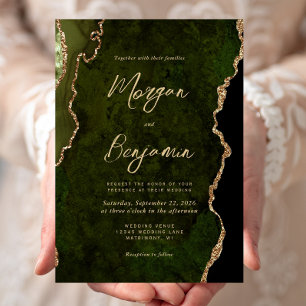 Convite Casamento Moderno com Escrita em Ouro e Ágata Verd