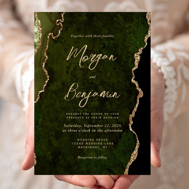 Convite Casamento Moderno com Escrita em Ouro e Ágata Verd (Criador carregado)