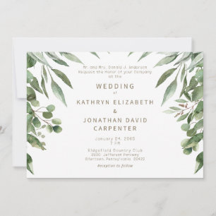 Convite Casamento Moderno com Eucalipto Dourado em Texto 