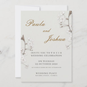 Convite Casamento Moderno com Floral Branco e Grafia Doura
