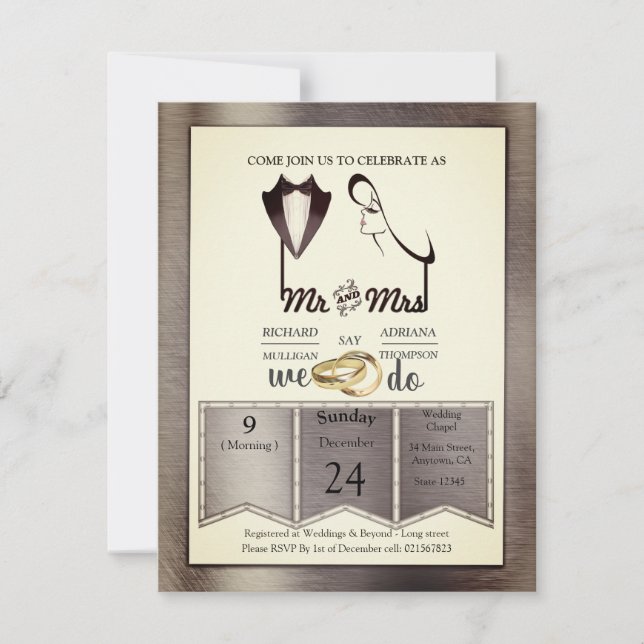 Convite Casamento Moderno com Folha de Ouro-Prata-Latão (Frente)