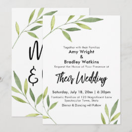 Convite Casamento Moderno com Folhagem em Aquarela Verde