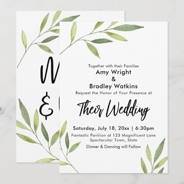 Convite Casamento Moderno com Folhagem em Aquarela Verde (Frente/Verso)