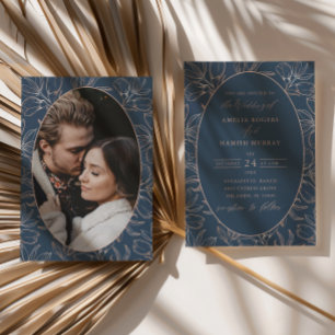 Convite Casamento Moderno com Folhagem em Azul e Dourado R