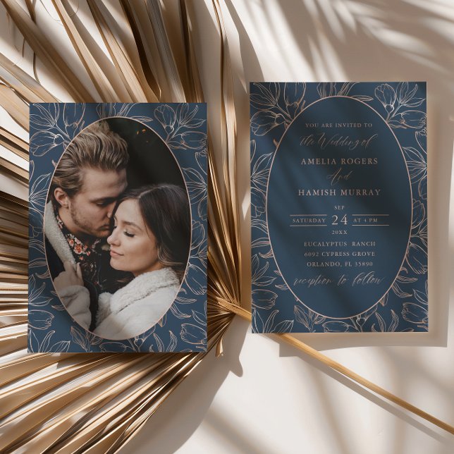 Convite Casamento Moderno com Folhagem em Azul e Dourado R (Criador carregado)