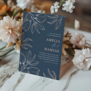 Convite Casamento Moderno com Folhagem em Azul e Dourado R