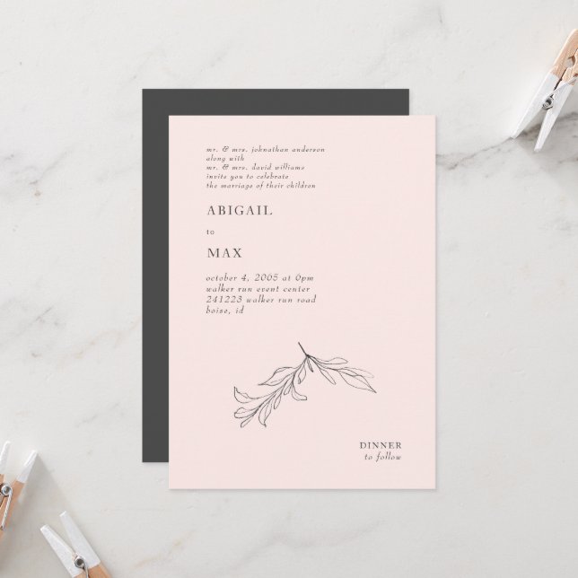 Convite Casamento Moderno com Folhagem em Rosa e Cinza (Frente/Verso In Situ)