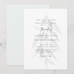 Convite Casamento Moderno com Folhagem Suave em Sage Claro