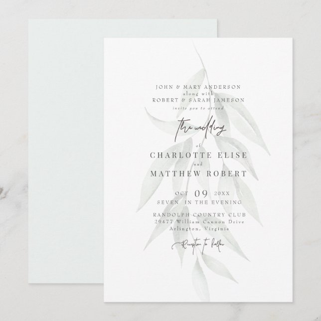 Convite Casamento Moderno com Folhagem Suave em Sage Claro (Frente/Verso)