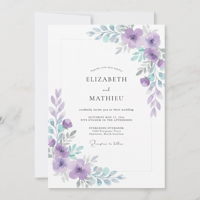 Convite Casamento Moderno com Folhas de Violeta Roxo Periw (Frente)