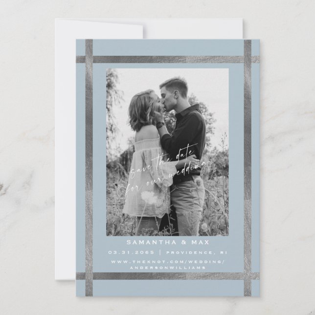 Convite Casamento Moderno com Foto Azul Gelo e Prata (Frente)