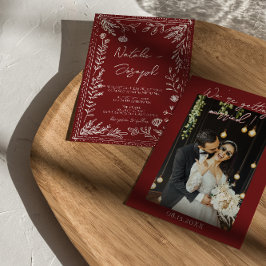 Convite Casamento Moderno com Foto Floral Azul Vermelho In