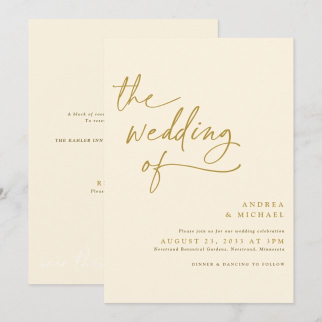 Convite Casamento Moderno com Letra Dourada e Creme (Frente/Verso)