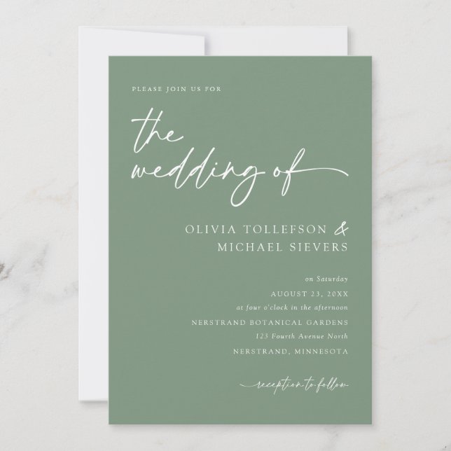 Convite Casamento Moderno com Letra Manuscrita em Verde Sa (Frente)