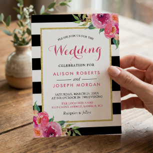 Convite Casamento Moderno com Listras Florais Rosa Fuchsia