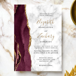 Convite Casamento Moderno com Mármore Burgundy Dourado Ága