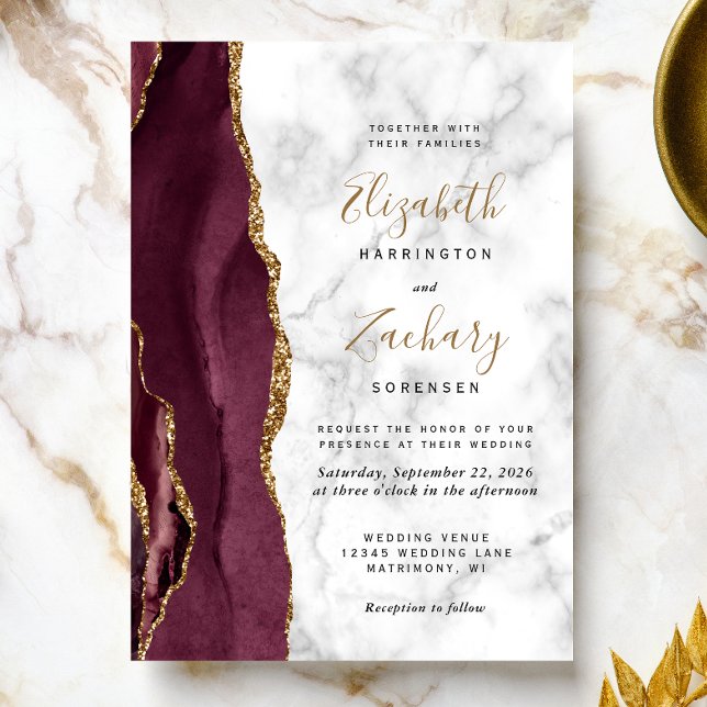Convite Casamento Moderno com Mármore Burgundy Dourado Ága (A perfect choice for a burgundy and gold themed wedding.)