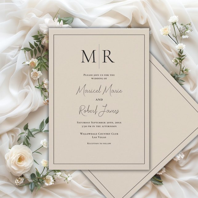 Convite Casamento Moderno com Monograma Elegante em Bege N (Criador carregado)