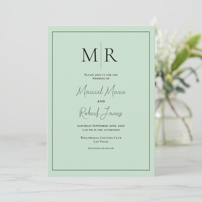 Convite Casamento Moderno com Monograma em Verde Menta Ele (Em pé/Frente)