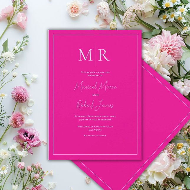Convite Casamento Moderno com Monograma Rosa Fuscia Elegan (Criador carregado)
