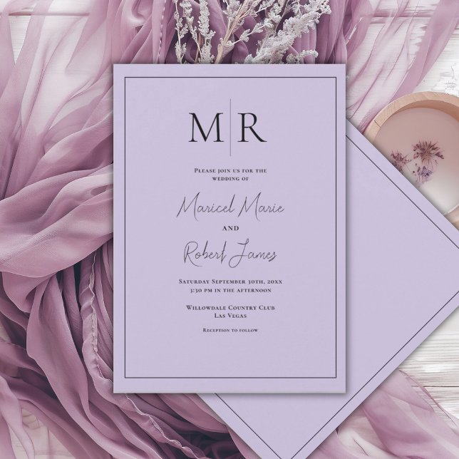 Convite Casamento Moderno com Monograma Roxo Elegante (Criador carregado)