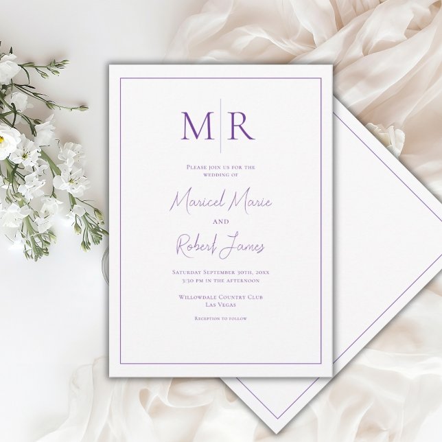 Convite Casamento Moderno com Monograma Roxo Elegante (Criador carregado)
