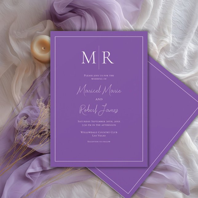 Convite Casamento Moderno com Monograma Roxo Elegante (Criador carregado)