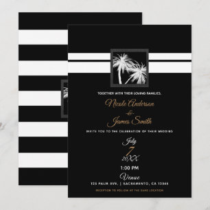 Convite Casamento Moderno com Palmeiras Tropicais Preto e 