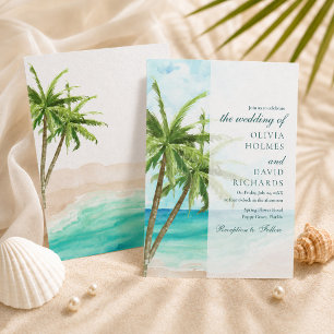 Convite Casamento Moderno com Praia Tropical e Palmeiras