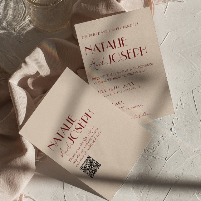 Convite Casamento Moderno com QR Code Azul Vermelho Escuro (Criador carregado)