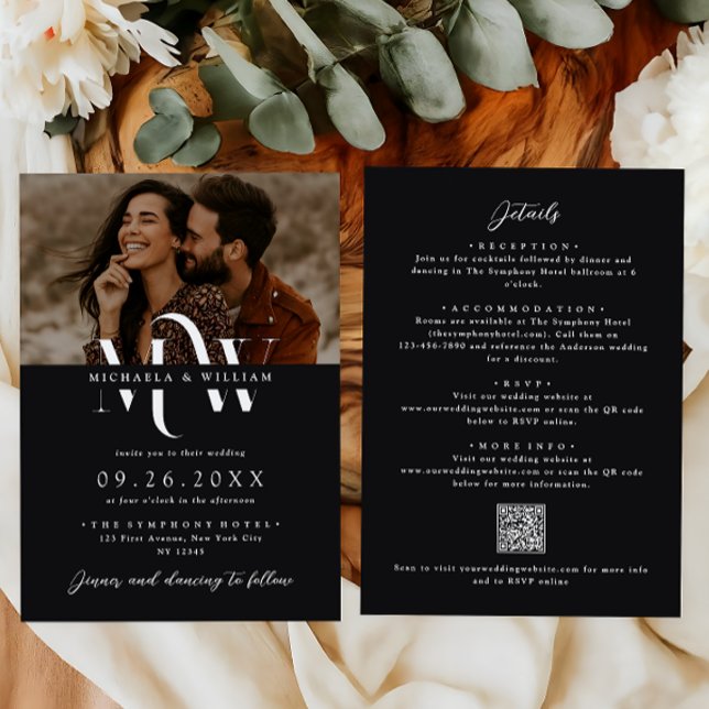 Convite Casamento Moderno com QR Code de Monograma Elegant (Criador carregado)