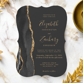 Convite Casamento Moderno com Suporte Preto Dourado em Ága