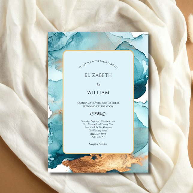 Convite Casamento Moderno com Tinta de Álcool Dourada Teal (Teal Blue Gold Watercolor Wash Alcohol Ink Modern Elegant Wedding Invitation. Printed or Digital )