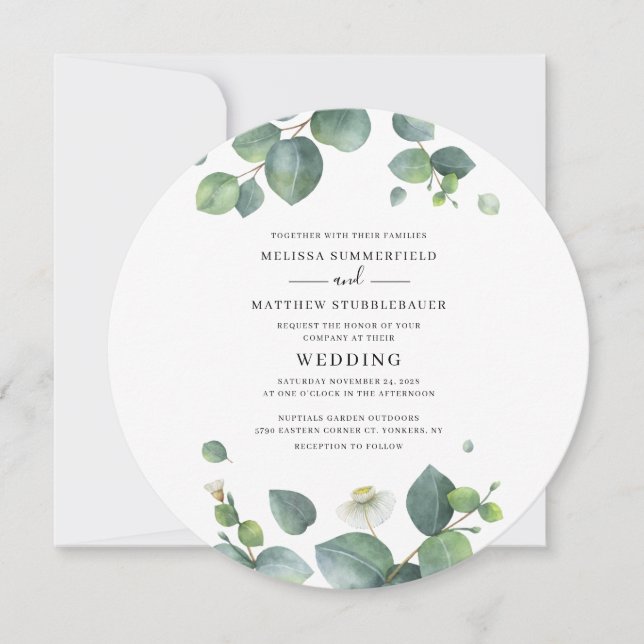 Convite Casamento Moderno com Verduras de Eucalipto (Frente)