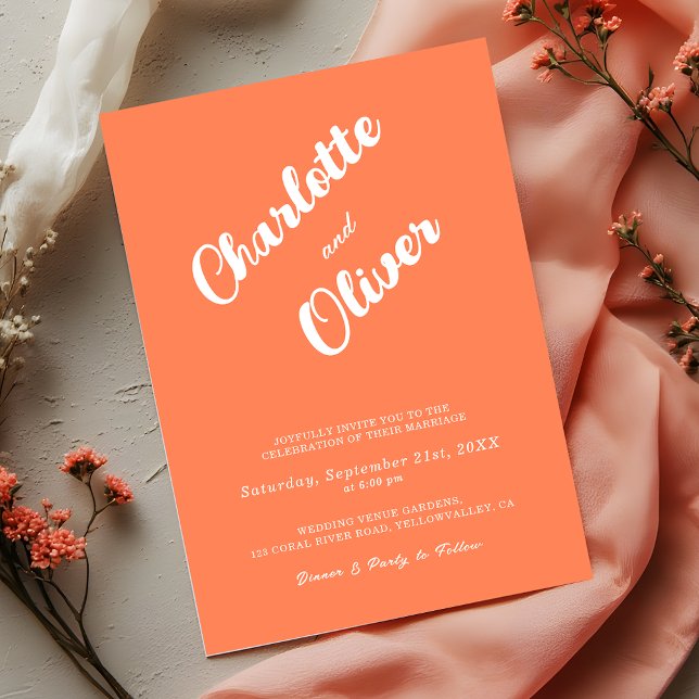 Convite Casamento Moderno Coral Union Script Laranja (Criador carregado)