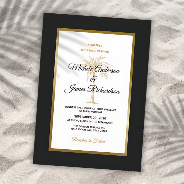 Convite Casamento Moderno da Árvore de Palma Dourada Tropi (Tropical Black Gold Palm Tree Modern Wedding Invitation)