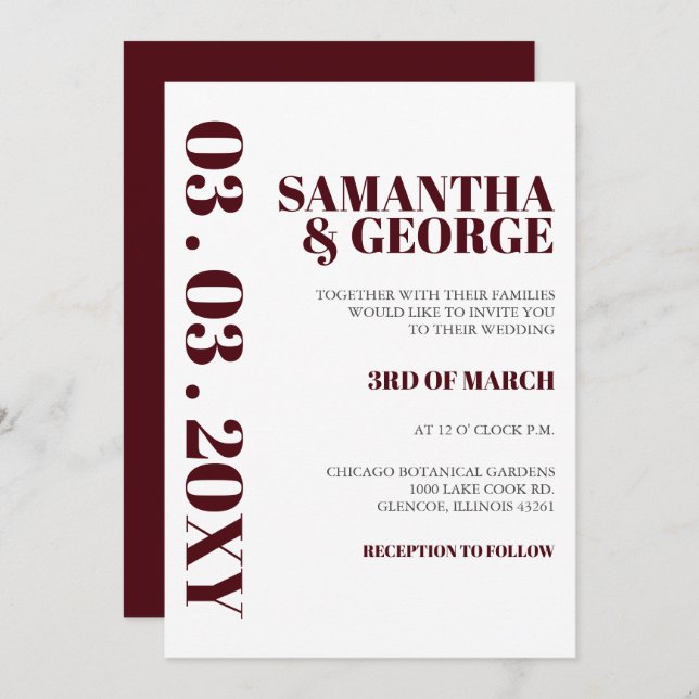 Convite Casamento Moderno da Borgonha Minimalista Simples (Frente/Verso)