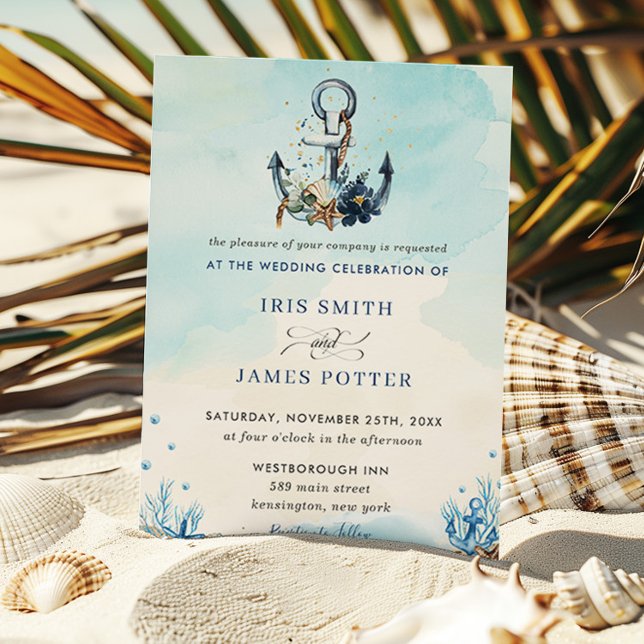 Convite Casamento Moderno da Praia da Anchor Náutica Chic (nautical anchor beach destination wedding printed invitation cards blue ocean sand seashore)