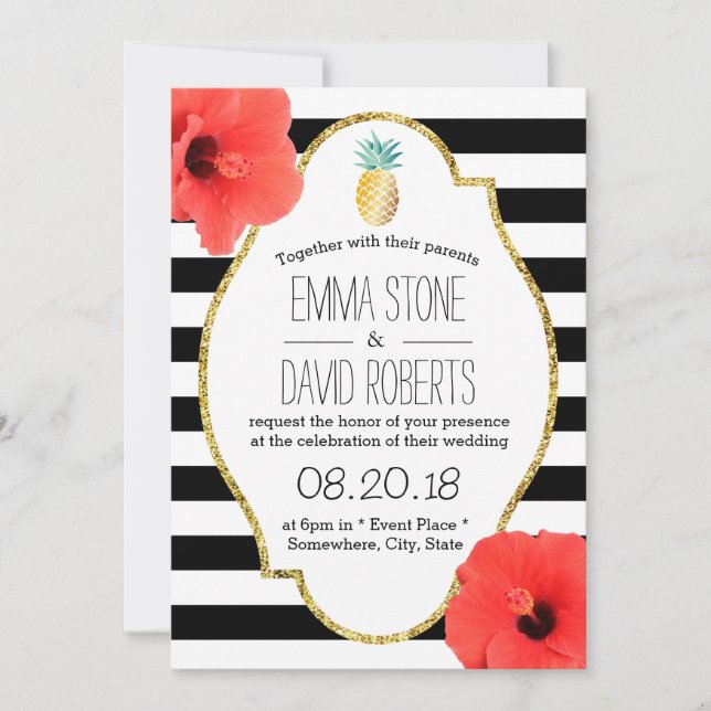 Convite Casamento Moderno das Flores de Hibiscus Pineapple (Frente)