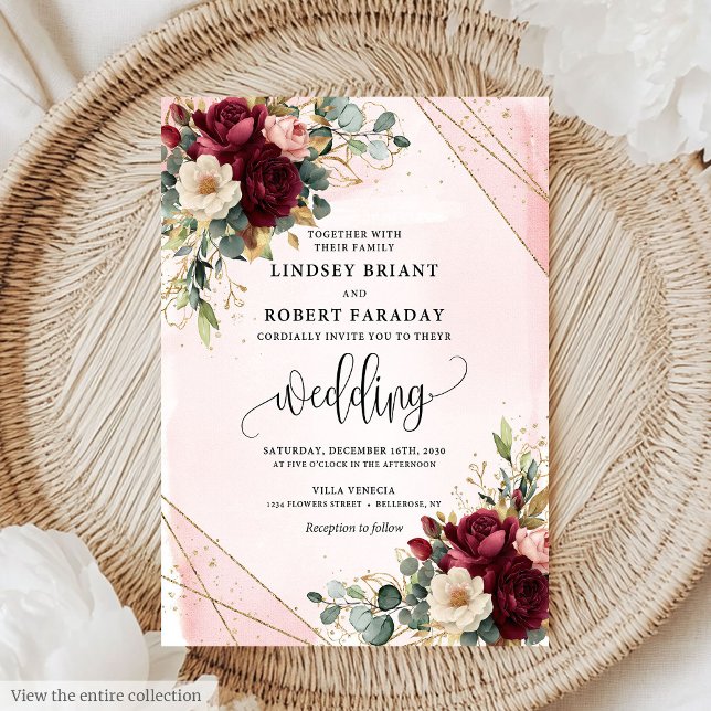 Convite Casamento Moderno das Flores Douradas de Mérito do (Minimal Merlot Gold Blush Flowers Modern Wedding Invitation)