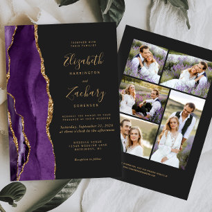 Convite Casamento Moderno de 5 Fotos Roxo Dourado Ágata Es