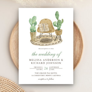 Convite Casamento Moderno de Aquarela Boho Cactus