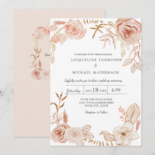Convite Casamento Moderno de Aquarela Floral em Verde Rosa