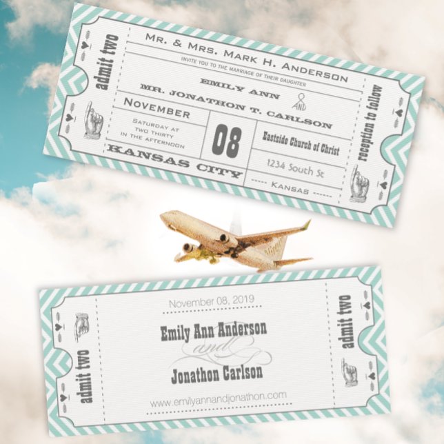 Convite Casamento Moderno de Bilhetes Mint Chevron Zigzag  (Criador carregado)